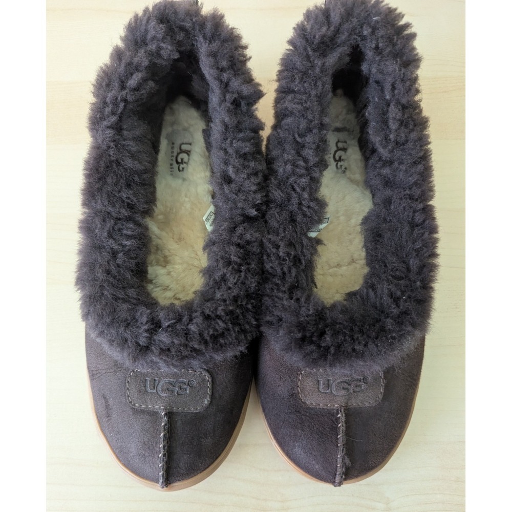 UGG Rylan Brown Skimmer Moccasin Slippers Fuzzy Hard Bottom - Picture 2 of 11